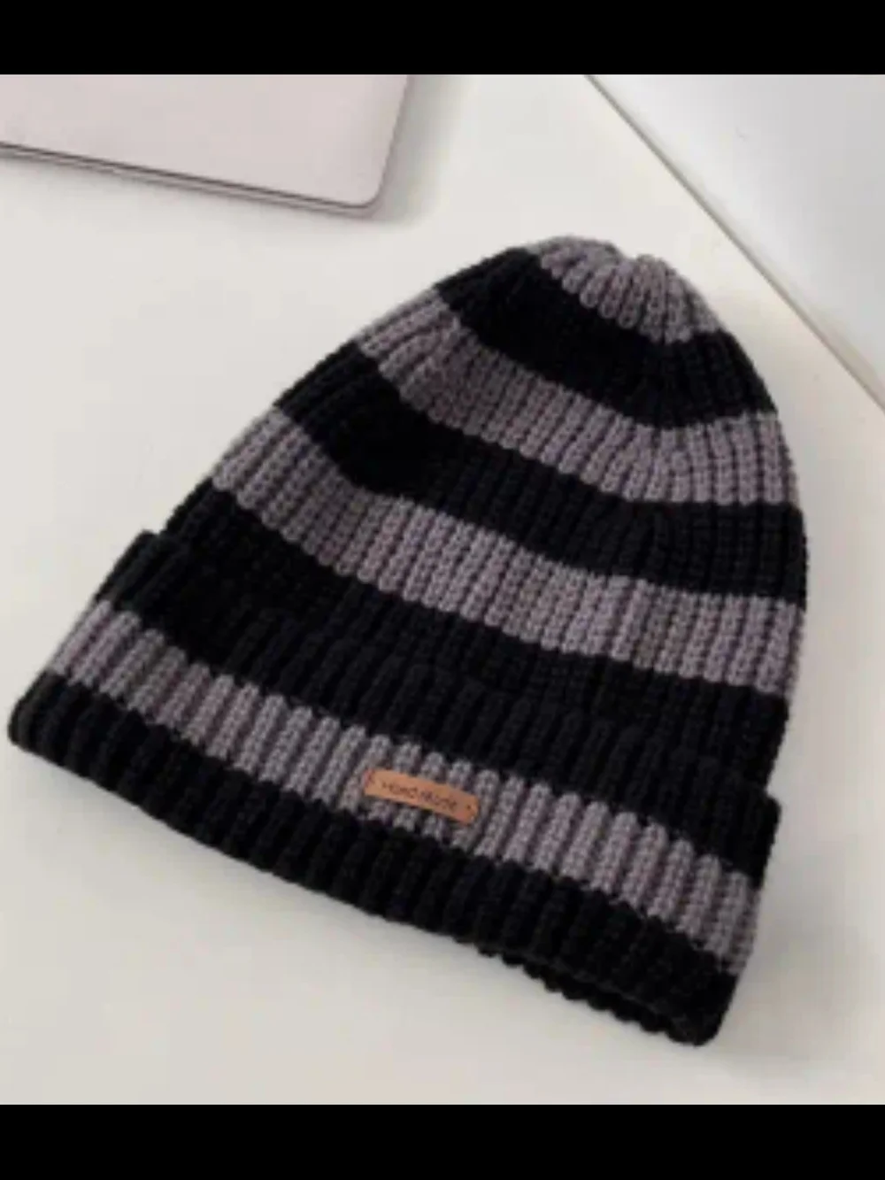 Striped Knit Beanie Hat - Gray